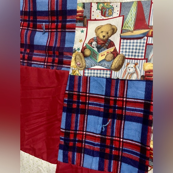 New Handmade Baby Quilt or Lap Blanket - Red & Blue Plaid Teddy Bears/Toys/Bunny - Picture 2 of 5